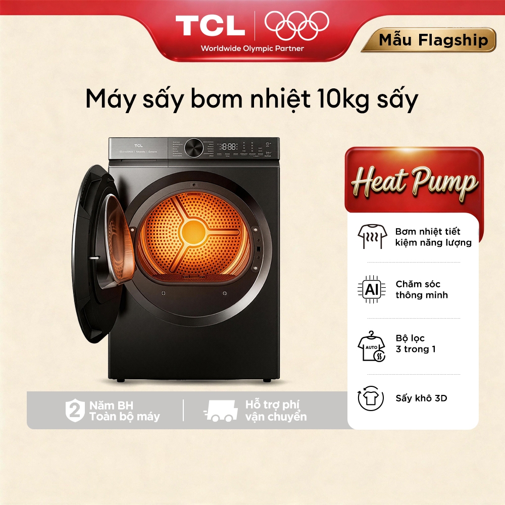 【Bơm nhiệt】Máy sấy bơm nhiệt tiết kiệm điện TCL 10kg, chăm sóc AI, bộ lọc 3 trong 1, Lắp 0đ HCM HN, TDH100-C682G