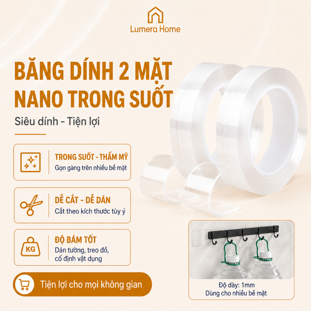 Băng Dính 2 Mặt Nano Trong Suốt 3M Siêu Dính, Keo Dán 3M Dán Chắc Nhiều Bề Mặt