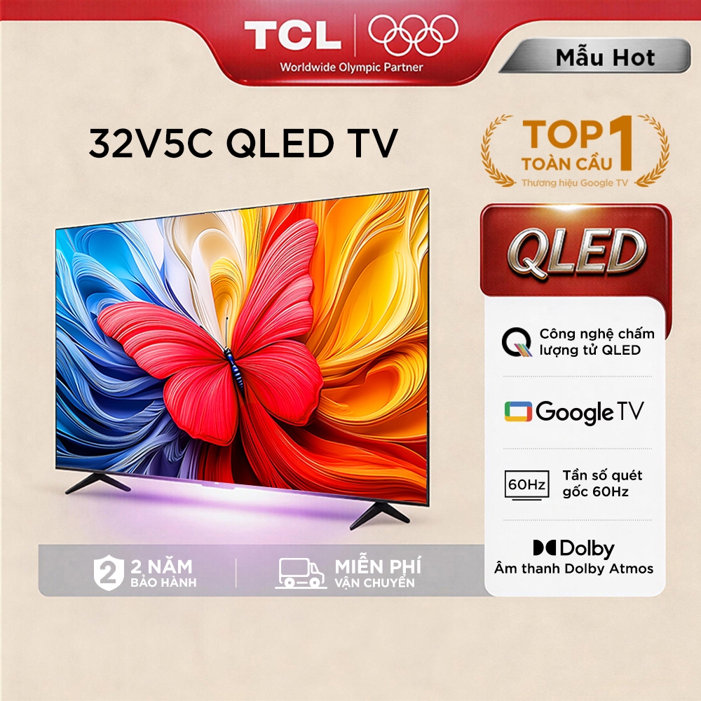 【QLED】32inch  QLED, Smart Google TV TCL 32V5C, Tấm nền HVA,Tần số quét 60Hz, Dolby Atmos