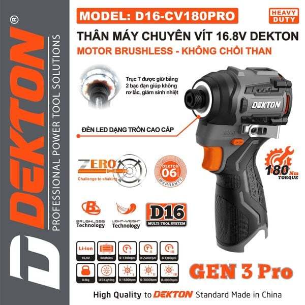 Máy siết vít dùng pin 16.8V Dekton Không Chổi Than - Lực Siết 180N/m D16-CV180XPRO