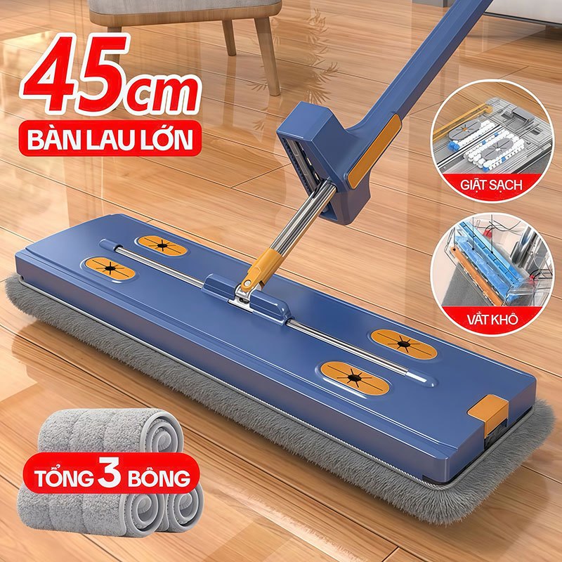Cây Lau Nhà Tự Vắt KITIMOP-MONSTER-45CM2-BLUE, Chổi Lau Nhà Tự Vắt Thông Minh Xoay 360 Độ, 3 Bông La