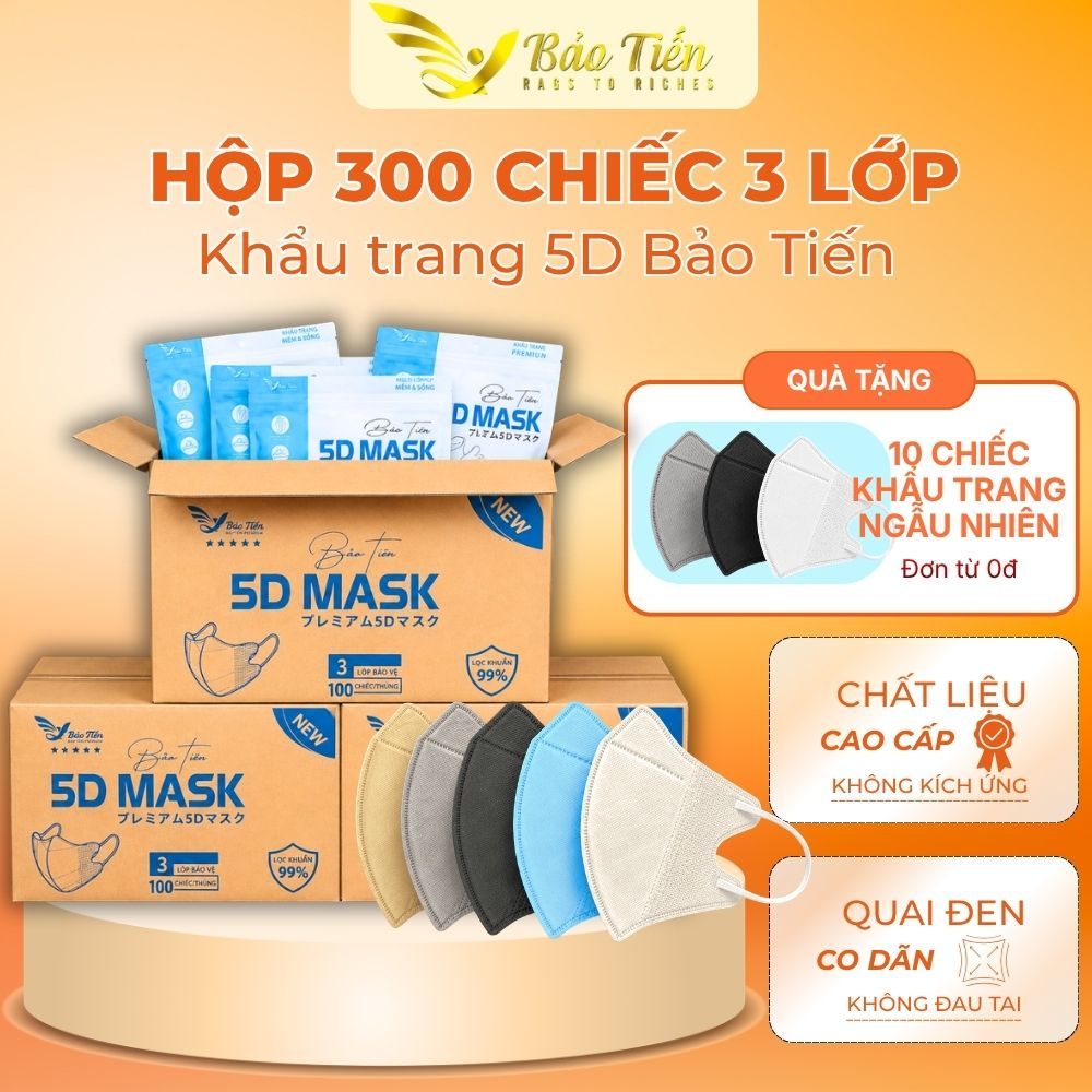 Thùng 300 chiếc Khẩu Trang 5D Bảo Tiến 3 lớp Kháng khuẩn, Khẩu trang 5D Mask kháng bụi mịn - Khẩu tr