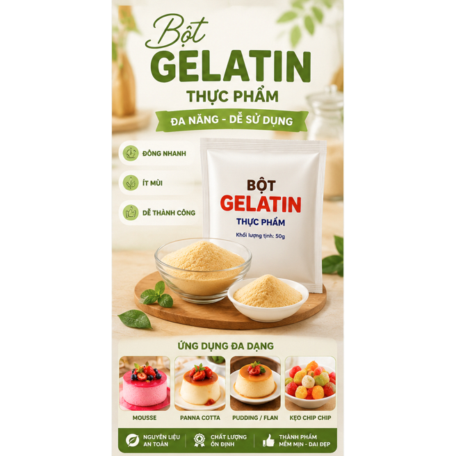 Bột Gelatin dùng làm Mousse, Panna Cotta, Pudding, kẹo chip chip