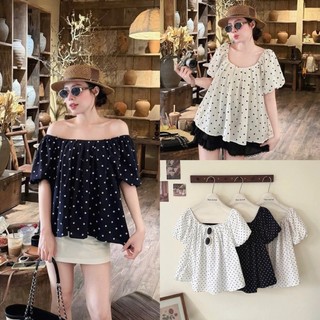 [Hàng Loại 1] Áo trễ vai bo chun hoạ tiết chấm bi tay bồng form suông mặc 2 kiểu SUNNY TOP