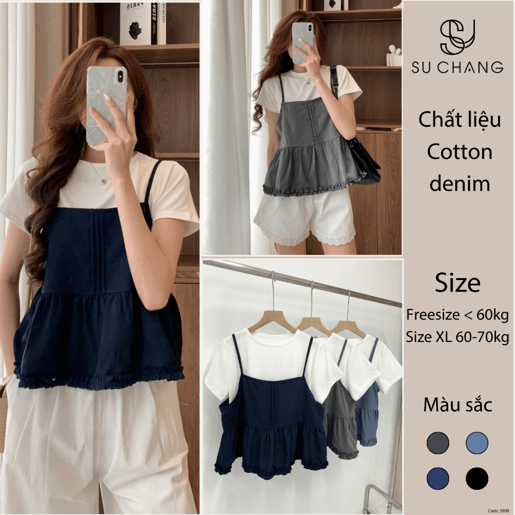 Set Đồ Nữ Áo Thun Trơn Cộc Tay Kèm Áo 2 Dây Xếp Ly Viền Bèo S800 Su Chang Bigsize