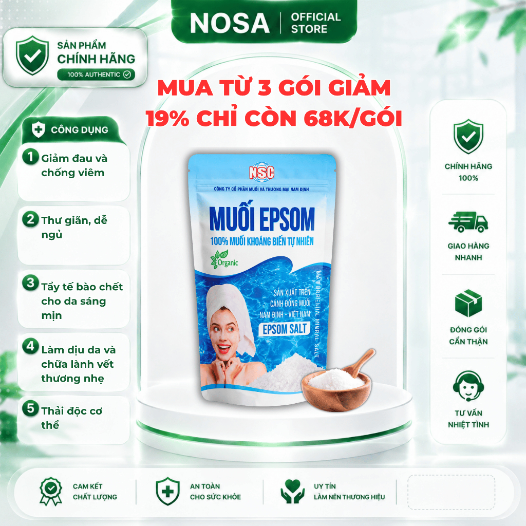 Muối Tắm EPSOM NSC Tự Nhiên - Muối Magie Cho Da Mụn, Viêm Da Cơ Địa, Mẩn Ngứa 200g