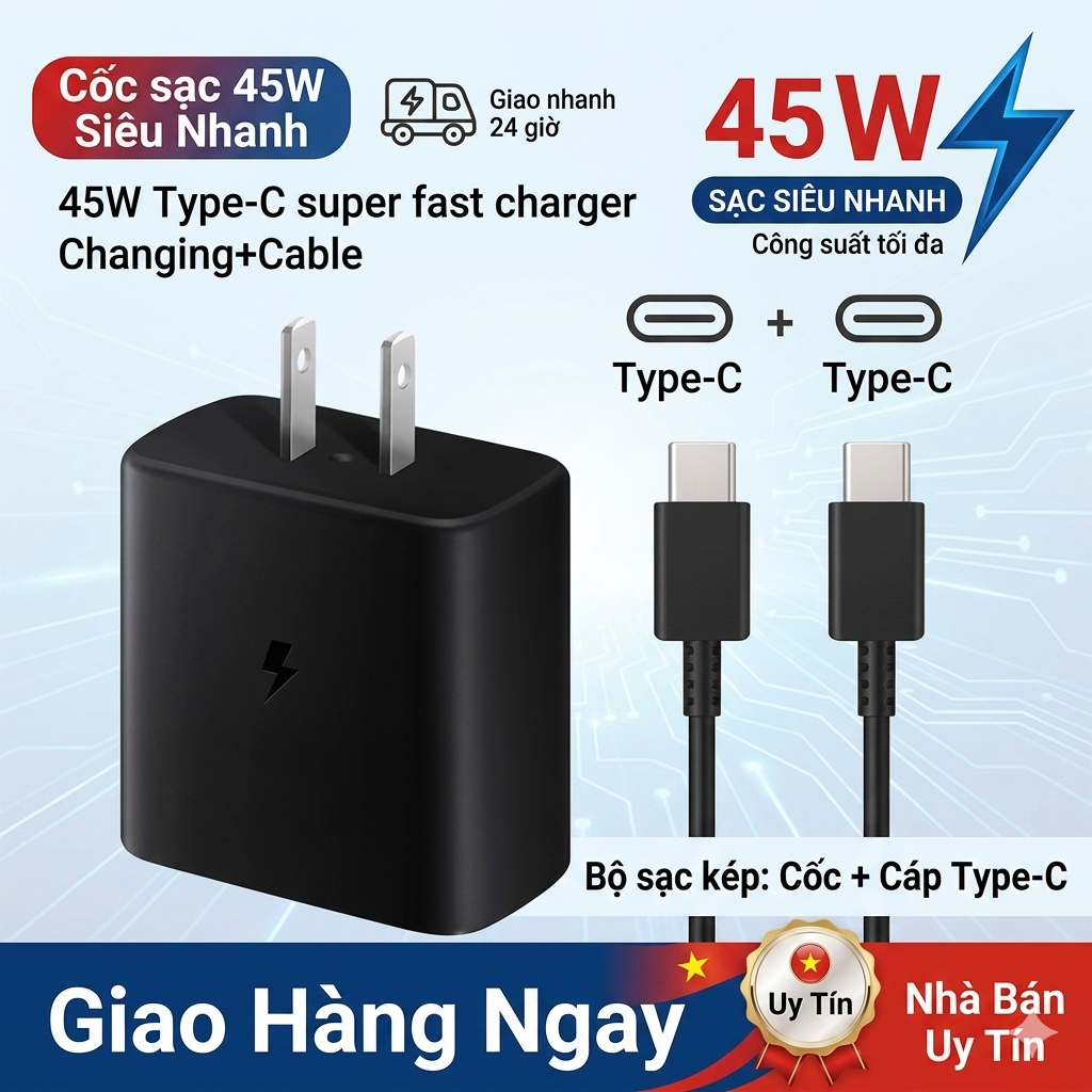Bộ sạc siêu nhanh 45W PD 3.0 PPS kèm cáp Type C 5A dành cho Samsung Galaxy S25 Ultra/S25+/S25 S24 Ul
