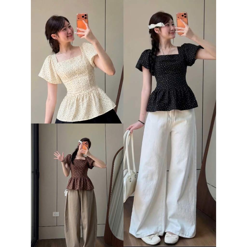 ÁO HOA NHÍ LƯNG CHUN áo kiểu babydoll cổ vuông vải đũi hàn điệu đà đi chơi chụp ảnh có size tới 100kg Huyền Lucy | BigBuy360 - bigbuy360.vn