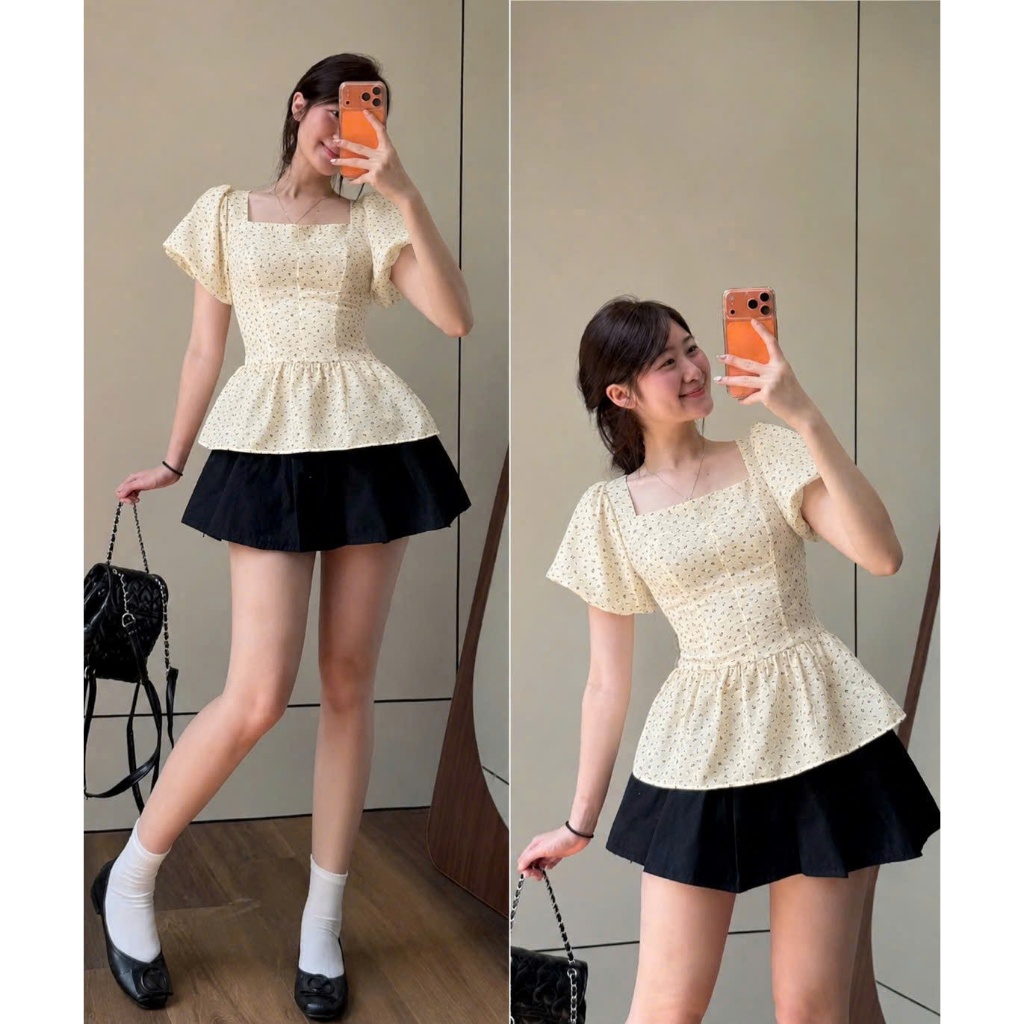 ÁO HOA NHÍ LƯNG CHUN áo kiểu babydoll cổ vuông vải đũi hàn điệu đà đi chơi chụp ảnh có size tới 100kg Huyền Lucy | BigBuy360 - bigbuy360.vn