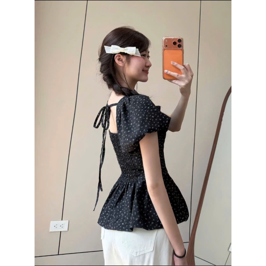 ÁO HOA NHÍ LƯNG CHUN áo kiểu babydoll cổ vuông vải đũi hàn điệu đà đi chơi chụp ảnh có size tới 100kg Huyền Lucy | BigBuy360 - bigbuy360.vn