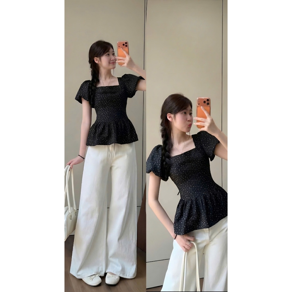 ÁO HOA NHÍ LƯNG CHUN áo kiểu babydoll cổ vuông vải đũi hàn điệu đà đi chơi chụp ảnh có size tới 100kg Huyền Lucy | BigBuy360 - bigbuy360.vn