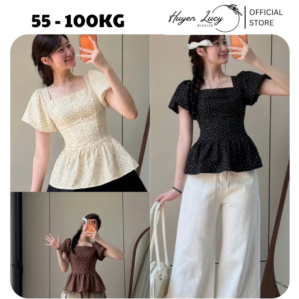 ÁO HOA NHÍ LƯNG CHUN áo kiểu babydoll cổ vuông vải đũi hàn điệu đà đi chơi chụp ảnh có size tới 100kg Huyền Lucy