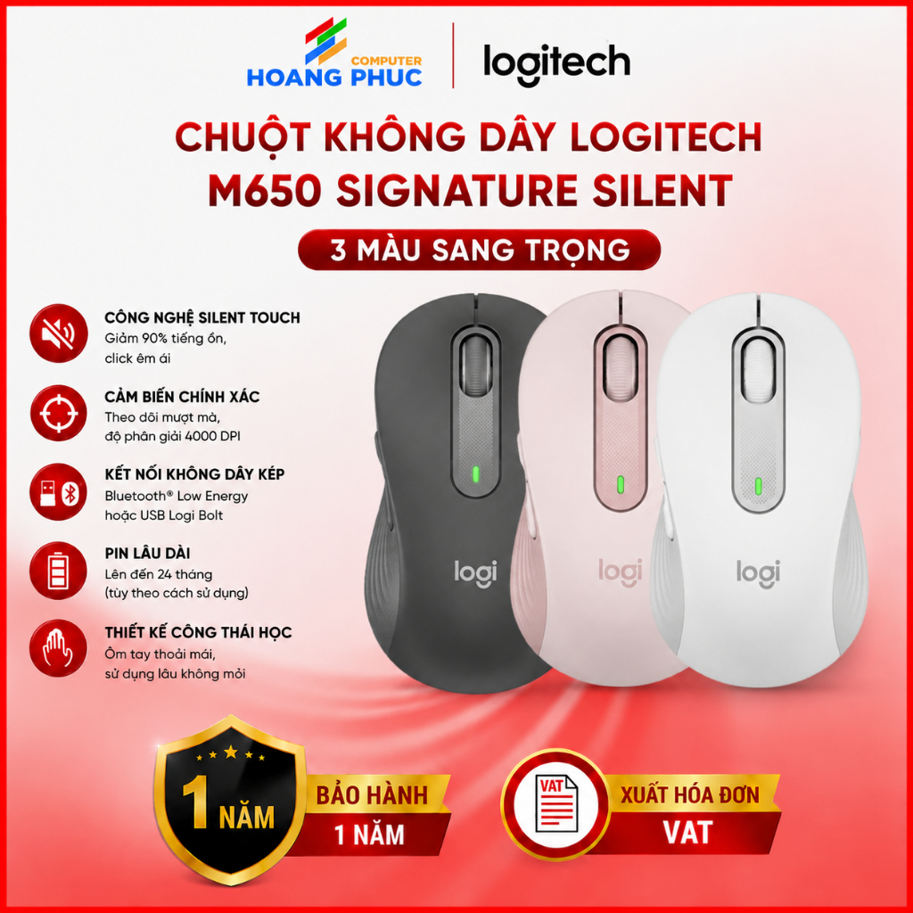 Chuột không dây Logitech M650 M650L Signature Silent Wireless Đen - Hàng chính hãng bảo hành 1 năm
