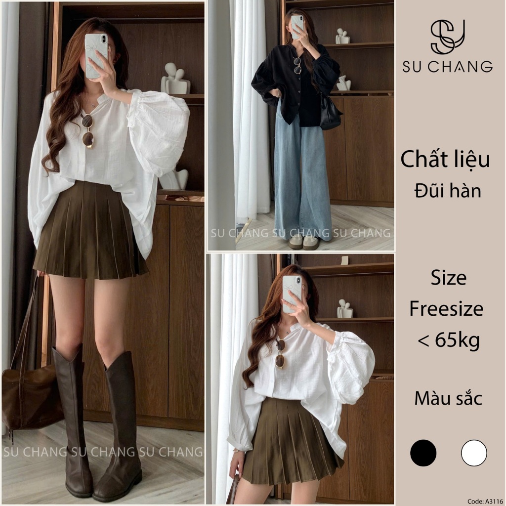 Áo Babydoll Đũi Cổ Tàu Tay Bồng Cúc Dọc A3116 Su Chang Thời Trang Nữ Bigsize