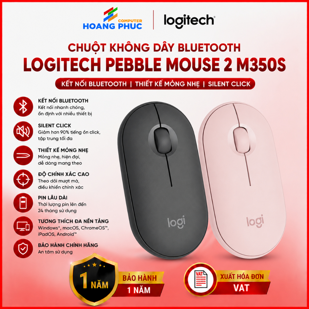 Chuột không dây Bluetooth Logitech PEBBLE MOUSE 2 M350S - Hàng chính hãng bảo hành 1 năm