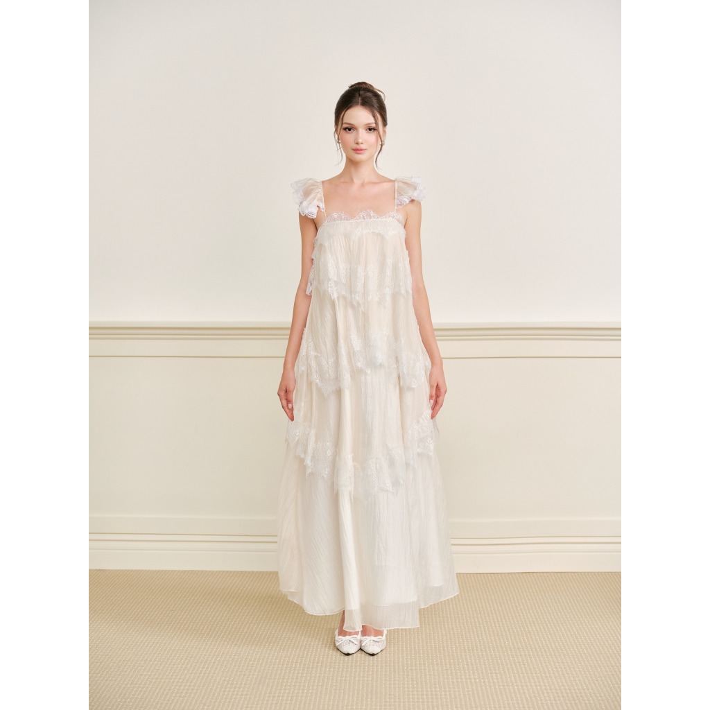 THOSE STUDIOS Đầm maxi màu kem dáng dài xòe tầng nhẹ nhàng đi biển Velise Dress