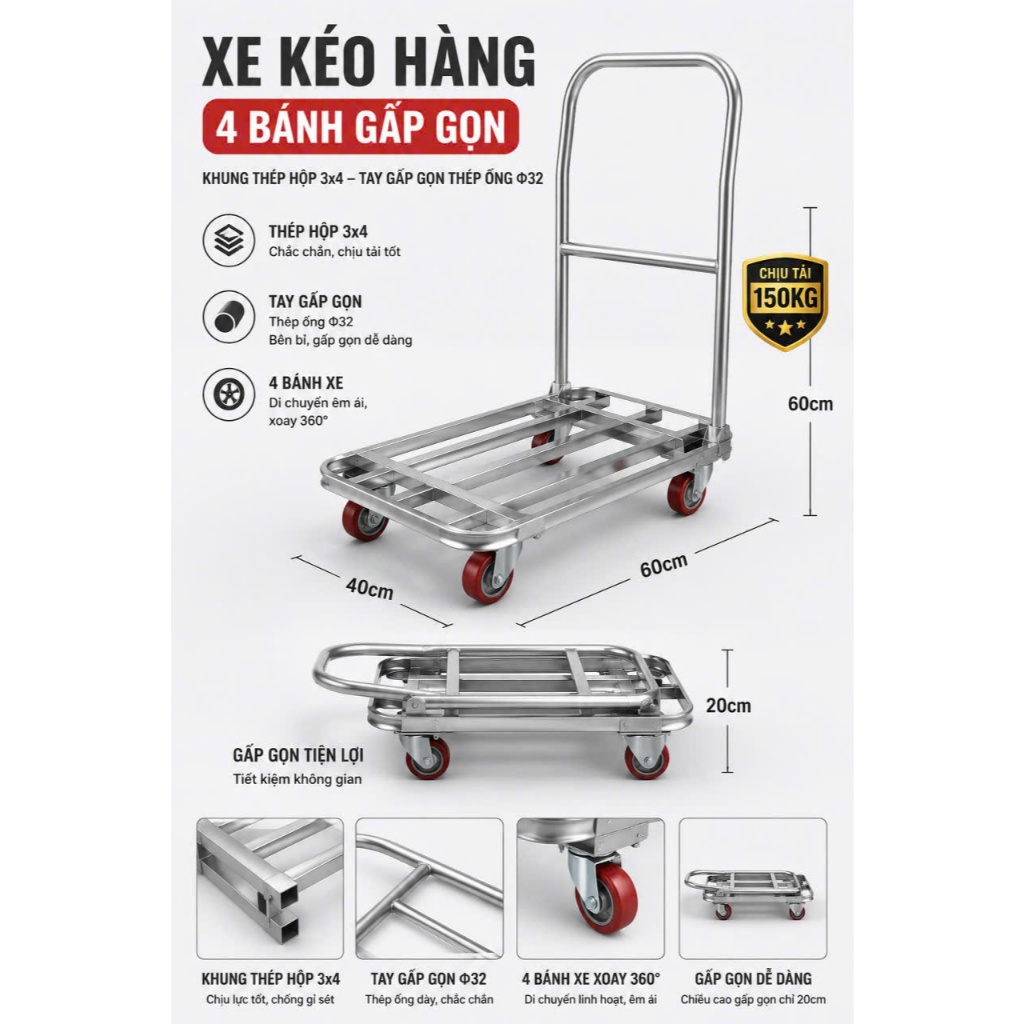 Xe kéo hàng 4 banh gấp gọn , KT 40x60cm, khung xe làm từ thép hộp 20x20,tay đẩy gấp gọn,tiện lợi