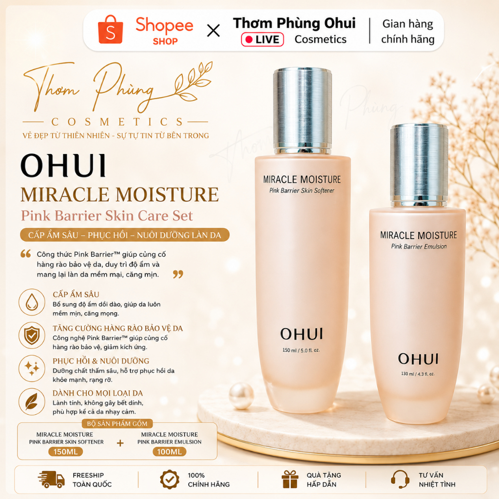 [ XTay ] Toner / Sữa Dưỡng Ohui Hồng Miracle Moisture Pink Barrier Emulsion Tách Set Không Vỏ Hộp