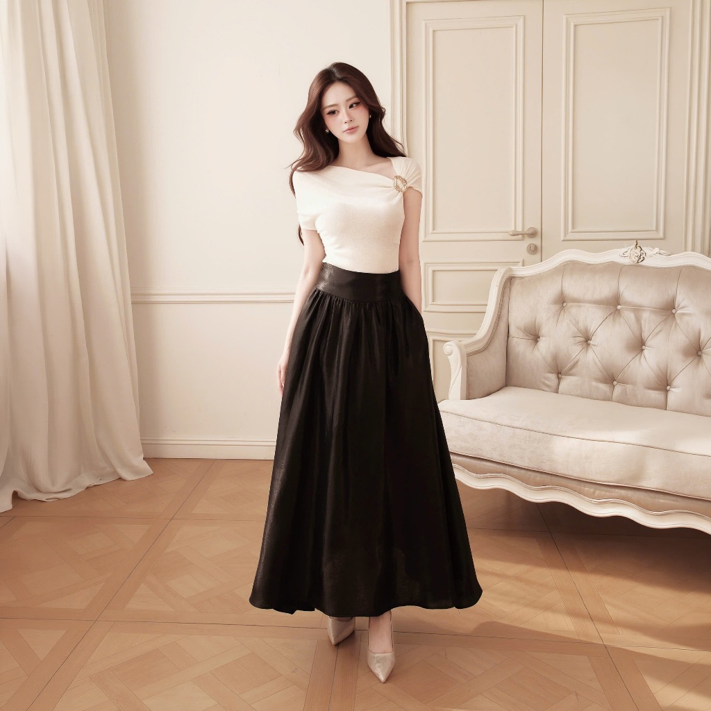 Una Skirt | Chân váy nữ dáng dài midi nhẹ mát H.I.U Fashion , chất lụa Tafta óng hàn nhún ly bồng cao cấp HIU design | BigBuy360 - bigbuy360.vn