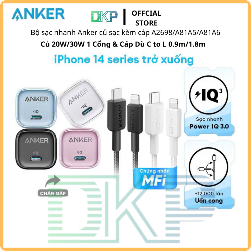 Bộ Sạc Nhanh ANKER Type C To Lighting Bọc Dù Củ Sạc 20W 30W A2998/9 & A81A5/6 cho Ip14PRM dài 09m/1.
