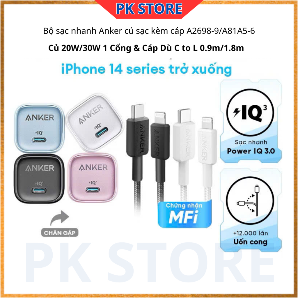 Bộ Sạc Nhanh ANKER Type C To Lighting Bọc Dù Củ Sạc 20W 30W A2998/9 & A81A5/6 cho Ip14PRM dài 09m/1.