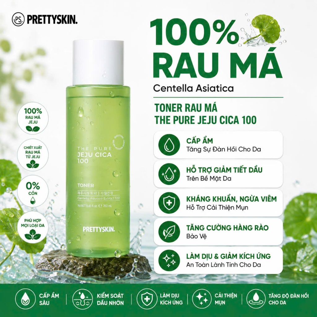 Nước Hoa Hồng Rau Má, Toner Chiết Xuất Rau Má Prettyskin Hàn Quốc The Pure Jeju Cica Toner