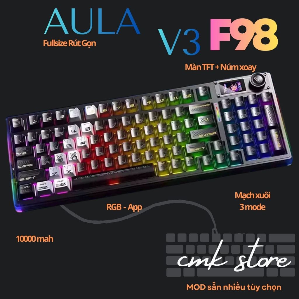 Bộ Bàn Phím Cơ Fullsize 98 Trong Suốt LeoBog Aula F98 Pro V3 - Màn TFT - Núm Xoay - 3 mode - RGB - H