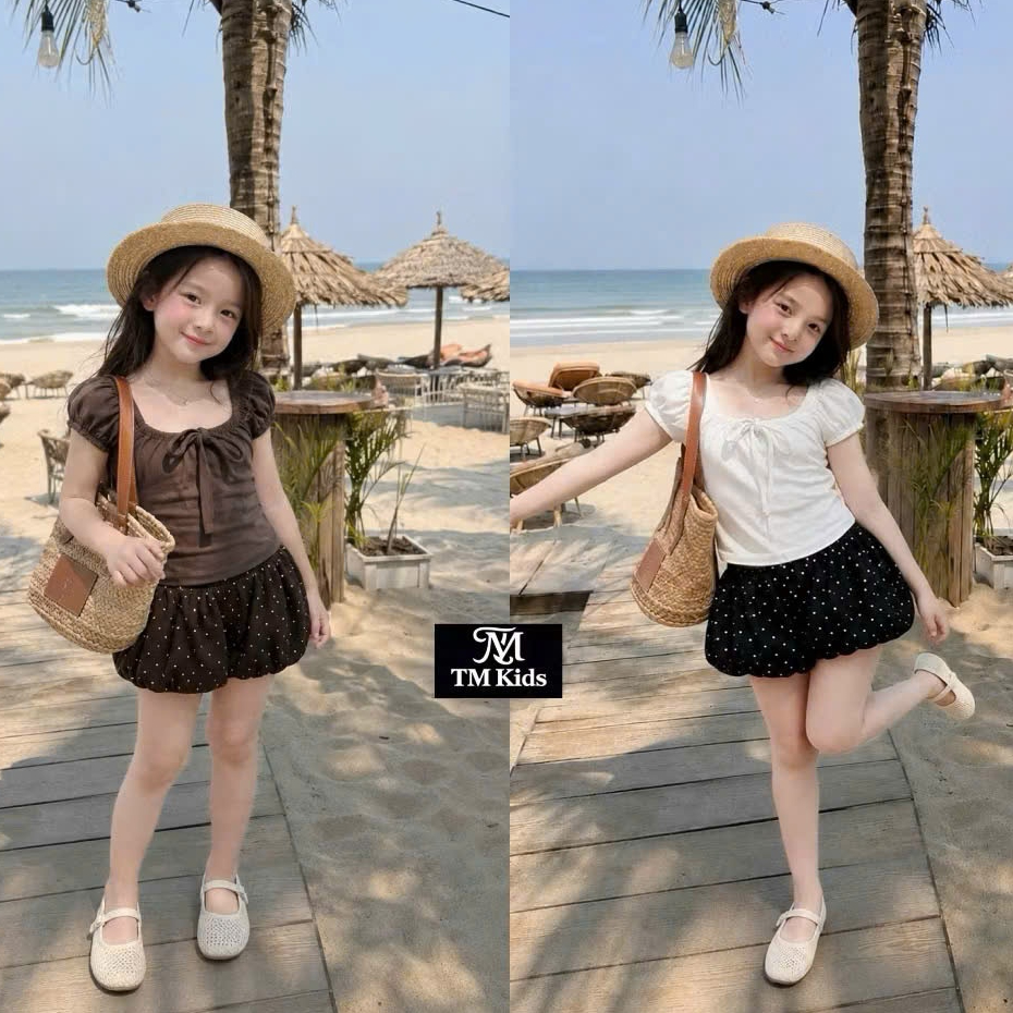 Đồ bộ bé gái, Quần áo trẻ em gái, Set áo trễ vai mix quần bí phồng chấm bi đi chơi đi biển 10-30kg L