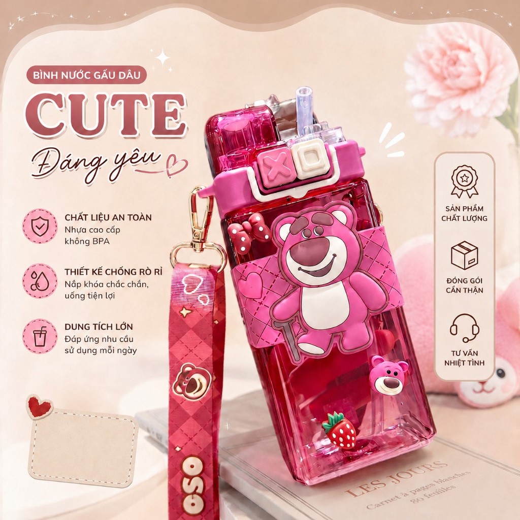 Bình nước gấu dâu lotso,alien, korumi,cinnamoroll 520mlcó dây đeo cực xinh | Manh Store HP