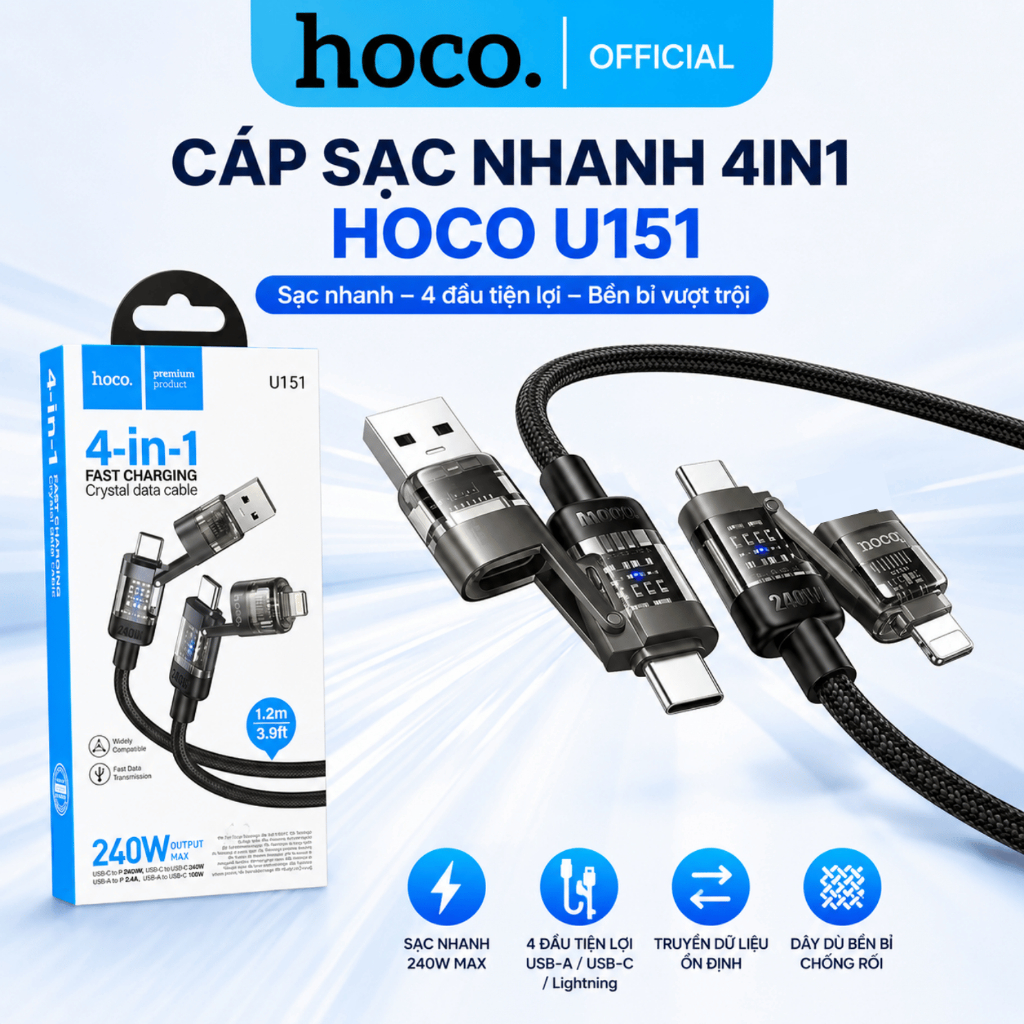 Cáp sạc nhanh đa năng Hoco U151 trong suốt có led khi sạc biến đổi 4in1 dây dù 1.2m