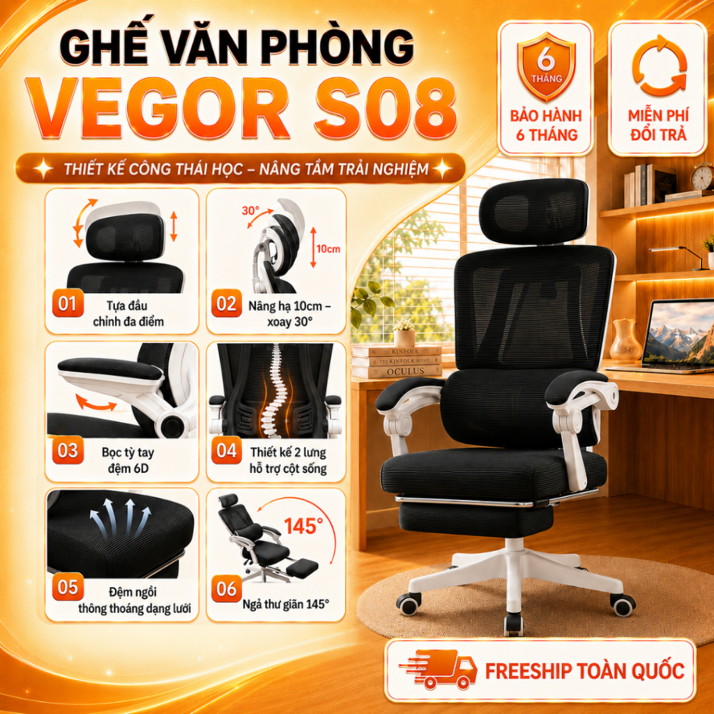 Ghế văn phòng Công Thái Học chống gù lưng bảo vệ cột sống Thương hiệu Vegor Life - ECO S08