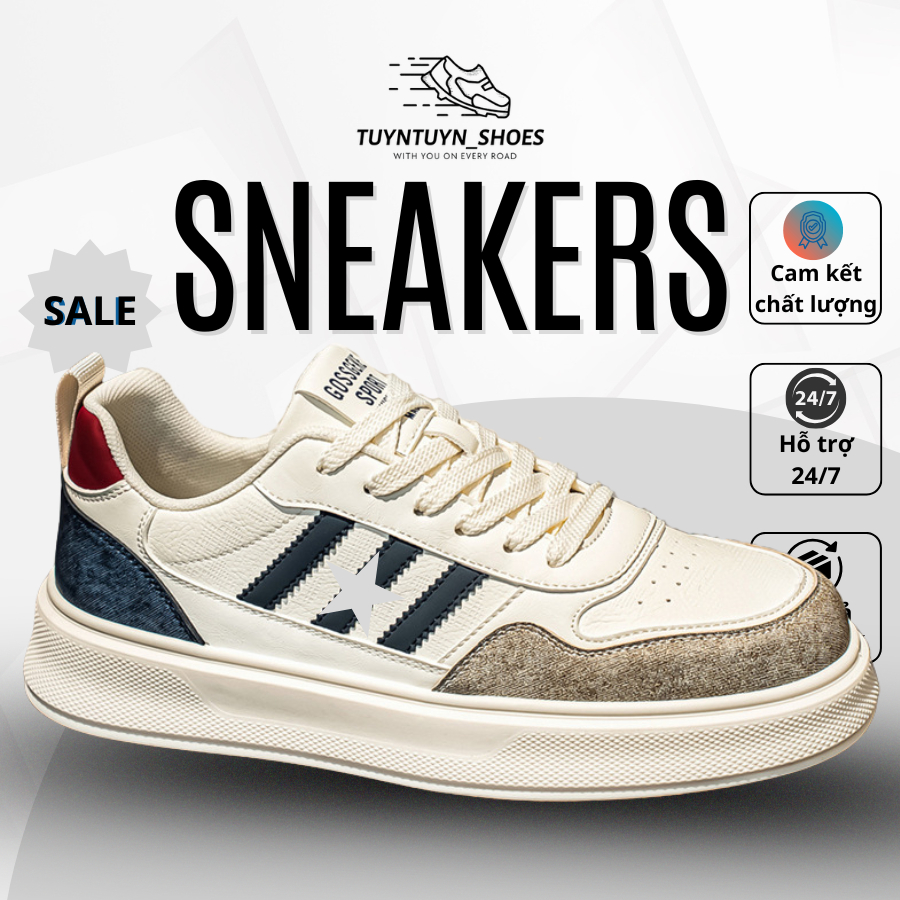 Giày Sneaker Nam Trắng Đế Dày  DS3 – Giày Thể Thao Da Tăng Chiều Cao Hack Dáng, Kiểu Dáng Thường Ngà