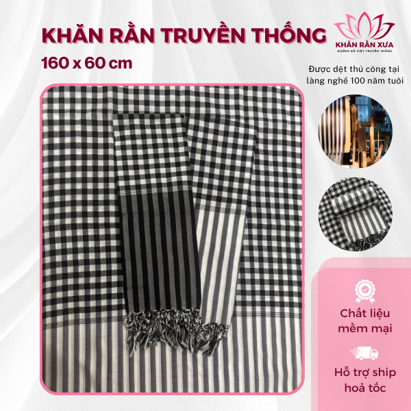 Khăn Rằn Truyền Thống Nam Bộ 160x60cm – Khăn Choàng Cổ Thấm Hút, Che Nắng Tốt, Bìa Đen/Bìa Trắng