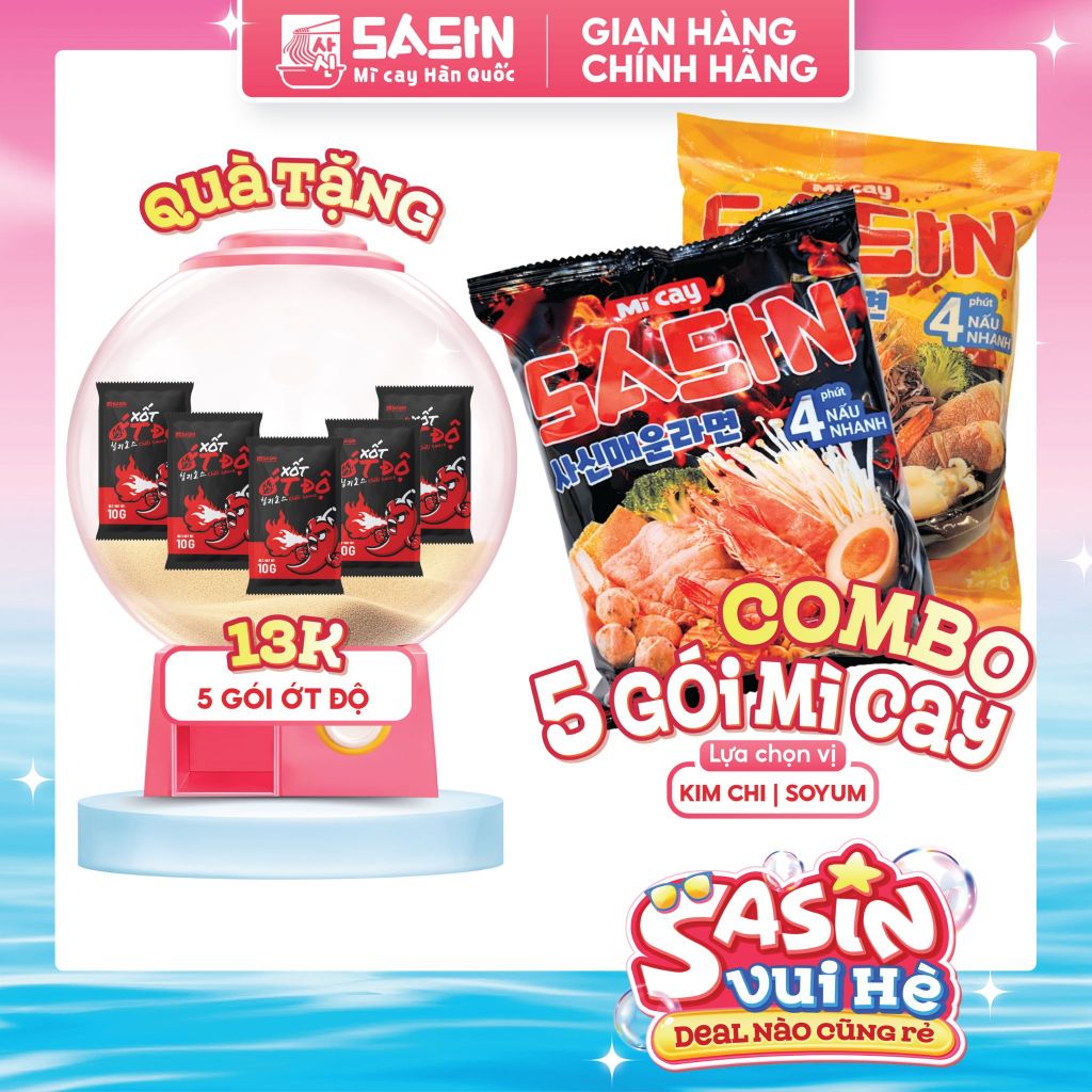 [KOL] Mì Cay Sasin Combo 5 gói mì + 5 gói ớt độ (Chọn vị)
