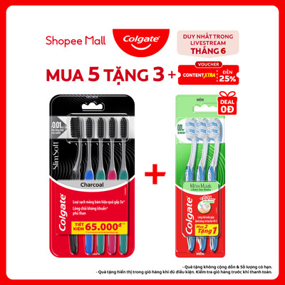 [Livestream] Bộ 5 Bàn chải đánh răng Colgate than hoạt tính kháng khuẩn SlimSoft Charcoal mềm mảnh