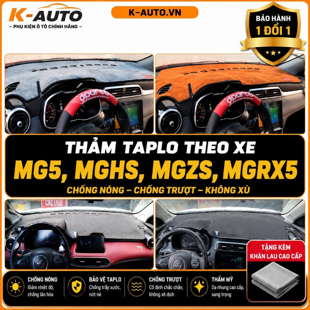 [MG5, MGHS, MGZS, MGRX5] Thảm taplo ô tô da cacbon,da vân gỗ,và tuyết nhung 3 lớp dày 1cm chống nắng