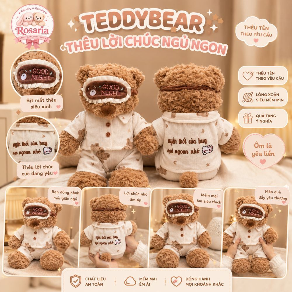 Gấu Bông Teddy Ngủ Ngon 35cm và 50cm Thêu Tên Theo Yêu Cầu - Gấu Mặc Đồ Ngủ Kèm Bịt Mắt Good Night