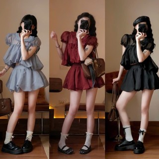 BIGSIZE HIẾU HIẾU (55-120KG) - Set thời trang nữ voan Áo cổ sen phồng bí + Chân váy bí ngắn S791
