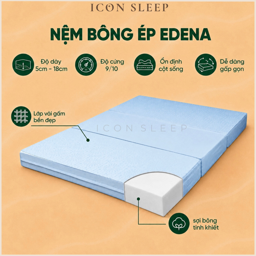 Nệm Bông Ép Gấp 3 Edena Chính Hãng - Nệm Ngủ Cao Cấp, Êm Ái, Gấp Gọn Tiện Lợi