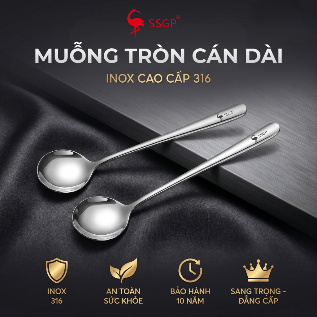 Muỗng Inox Cán Dài Tròn SSGP, Thìa Inox 316 Cao Cấp Muỗng Ăn Cơm Inox Thìa Cán Dài Inox Little bear