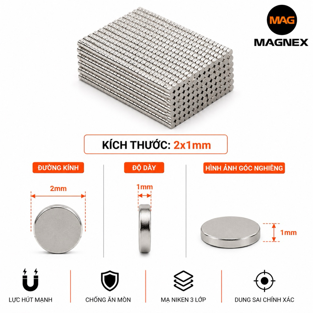 Nam châm viên 2x1mm, nam châm đất hiếm, nam châm vĩnh cửu, nam châm trắng mạ niken, nam châm N35