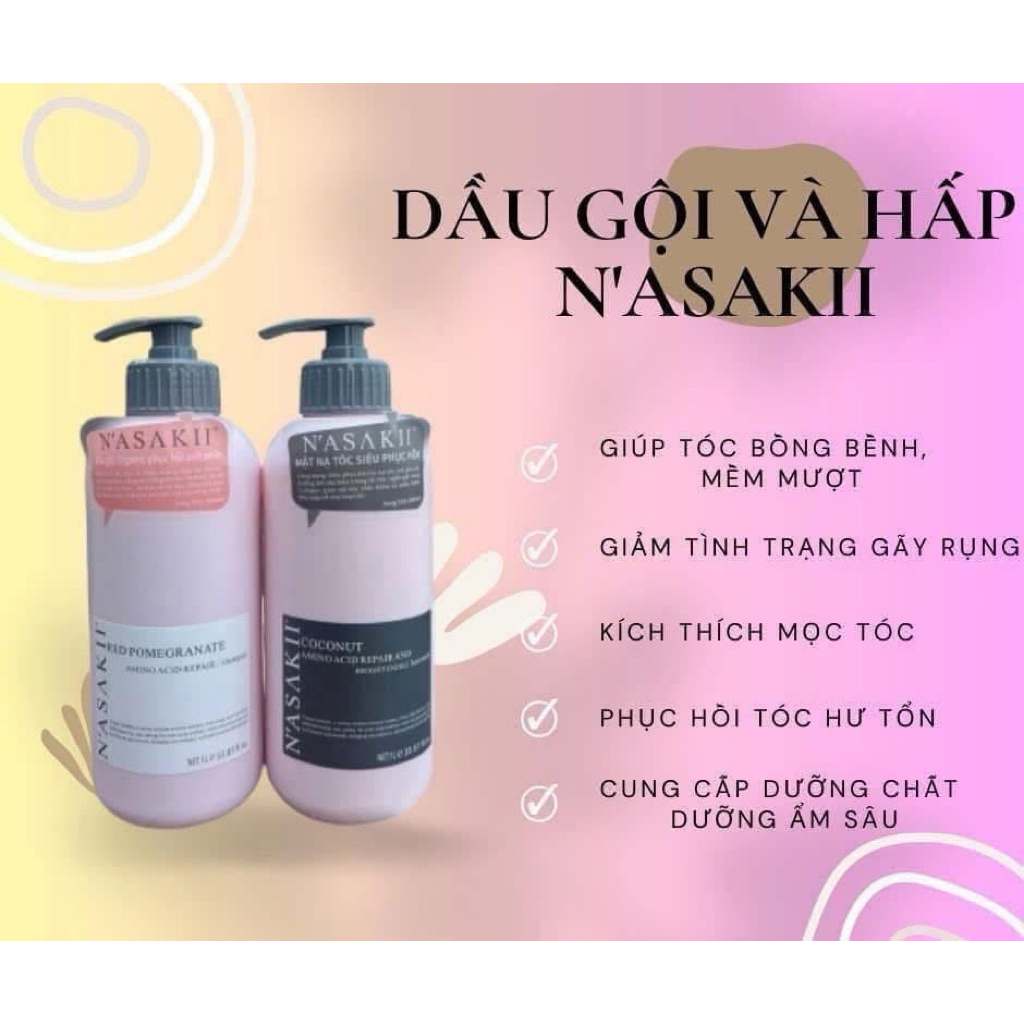 Combo Dầu Gội Hấp NASAKII 1000ml Phục Hồi Tóc Hư Tổn Keratin Collagen Mềm Mượt Giảm Gãy Rụng.