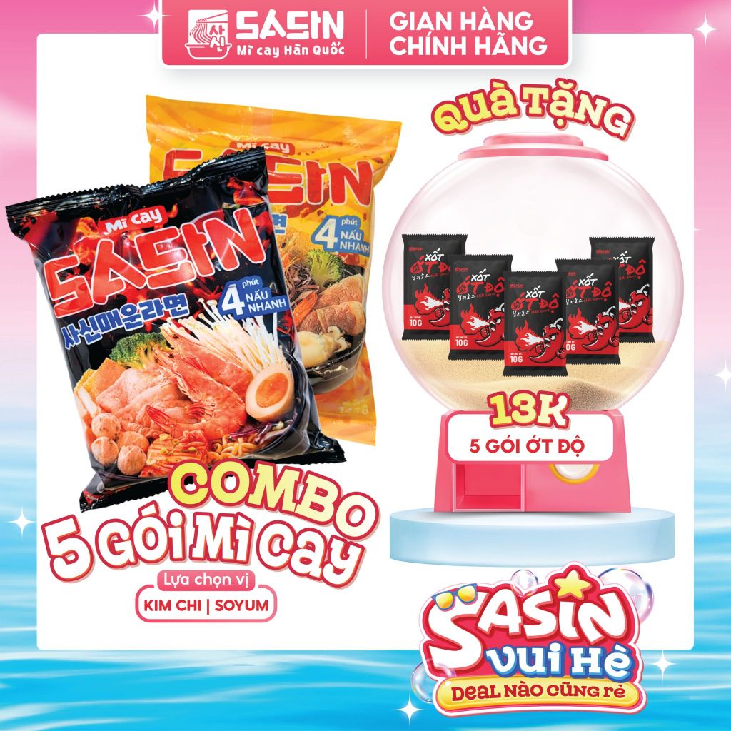 Mì Cay Sasin (Combo 5 gói mì + 5 gói ớt độ) (Chọn vị)
