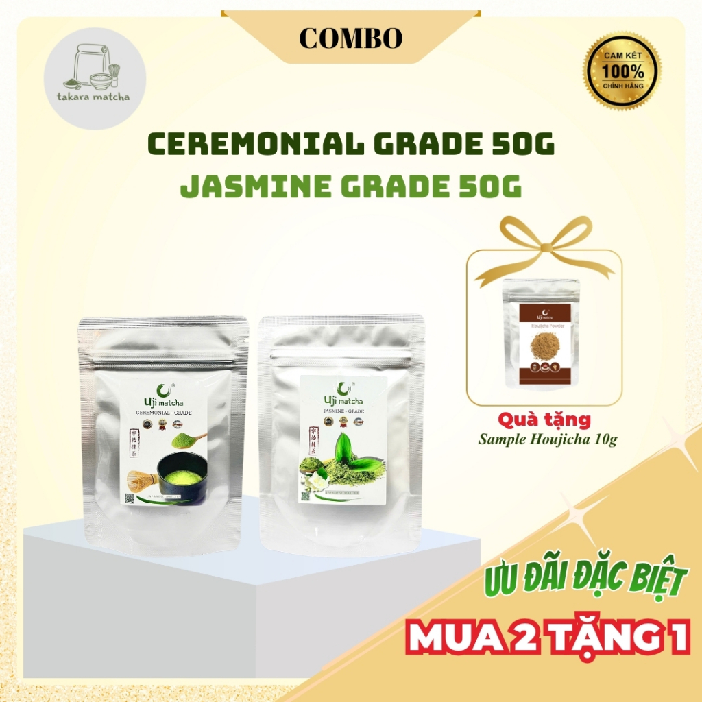 Combo  Matcha Ceremonial Grade 50g và Matcha hương nhài Jasmine Grade 50g - Quà tặng Sample 10g