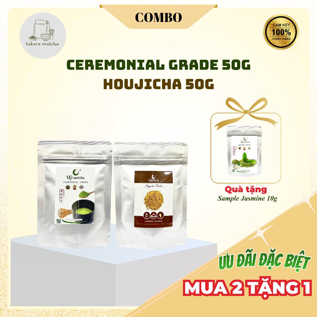 Combo Matcha Uji Ceremonial Grade 50g và bột trà rang Houjicha 50g - Quà tặng Sample 10g
