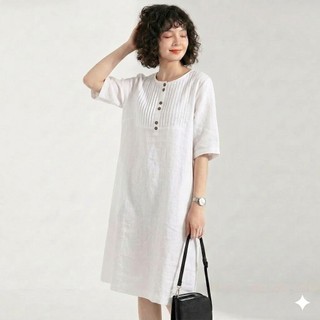 Đầm suông tay lỡ cổ tròn xếp ly ngực, chất vải Linen bột Premium mềm mát, form suông không kén dáng - DS19