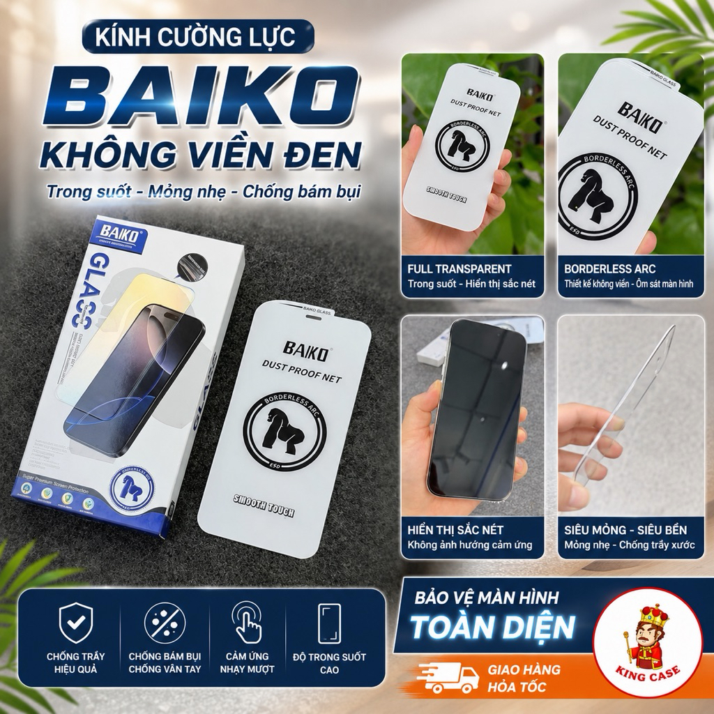 Kính cường lực iphone trong suốt Không Viền BAIKO Cao cấp Chính hãng 16/15/14/Pro/Max/Plus