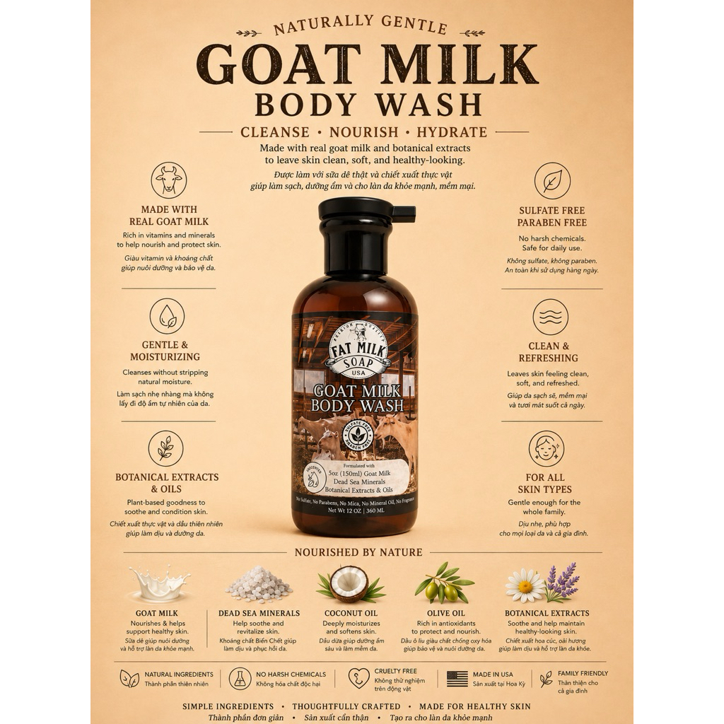 SỮA TẮM SỮA DÊ Không Mùi, Không Sulfate (Goat Milk Body Wash)-FAT MILK SOAP