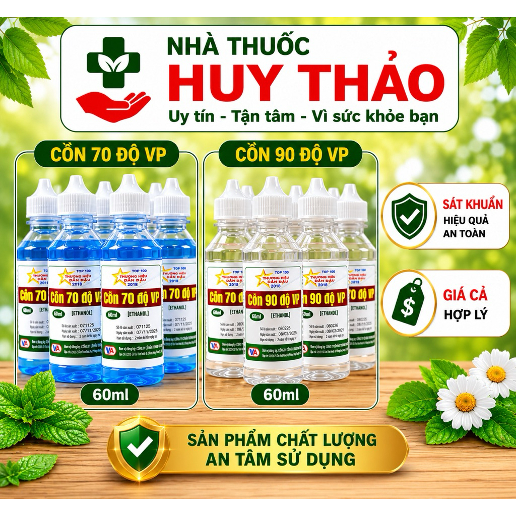 Cồn trắng 70 độ Vĩnh Phúc 60ml, Cồn xanh 90 độ Vĩnh Phúc 60ml