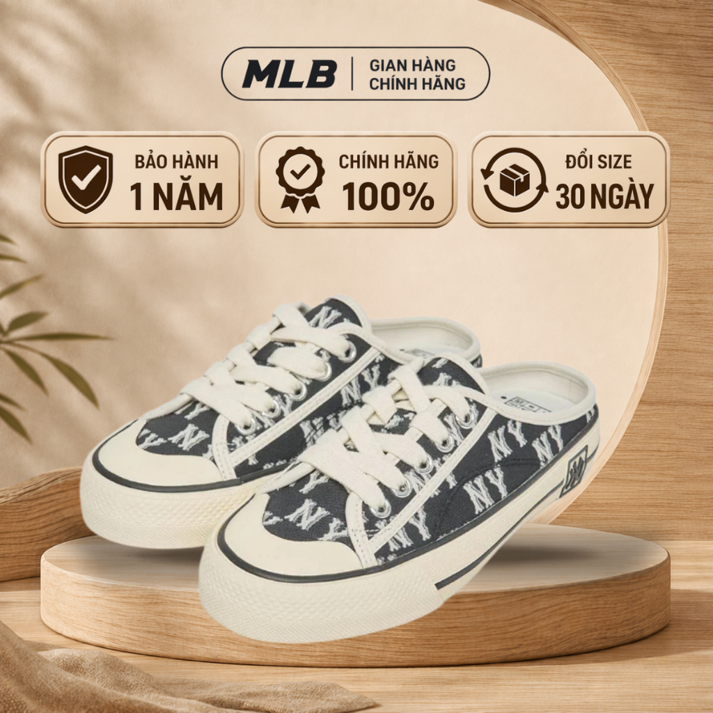 Giày MLB Playball Origin Mule Mono Viền Da Chính Hãng Full Box, Hidden Tag Check Auth, Sục Đạp Gót N